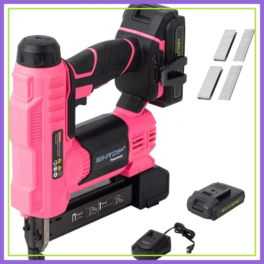 Chiodatrice e Graffatrice a Batteria 2-in-1 da 18 Gauge, 20V con Batteria e Caricabatterie, Rosa