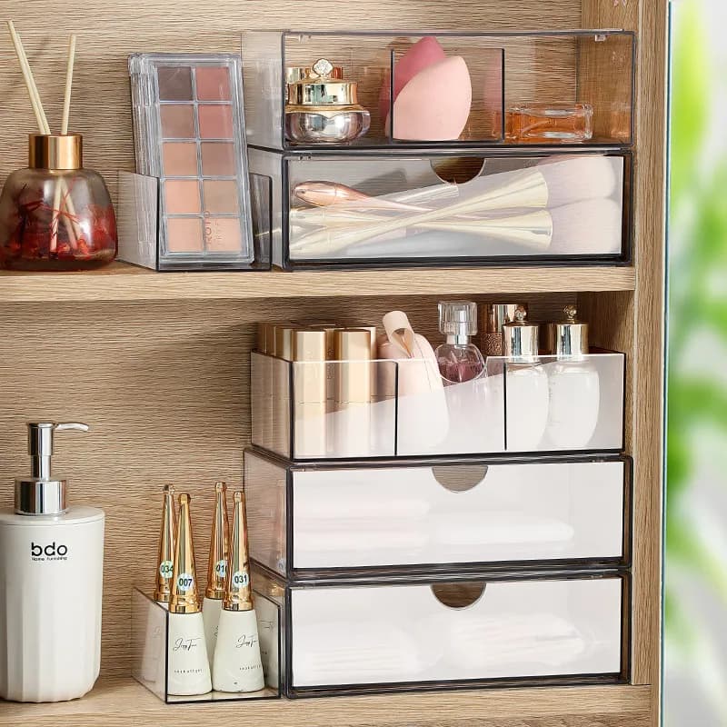 Organizer da Bagno con Specchio e Cassetti per Cosmetici, Rossetti, Maschere e Spazzolini - Scaffale da Tavolo per il Bagno