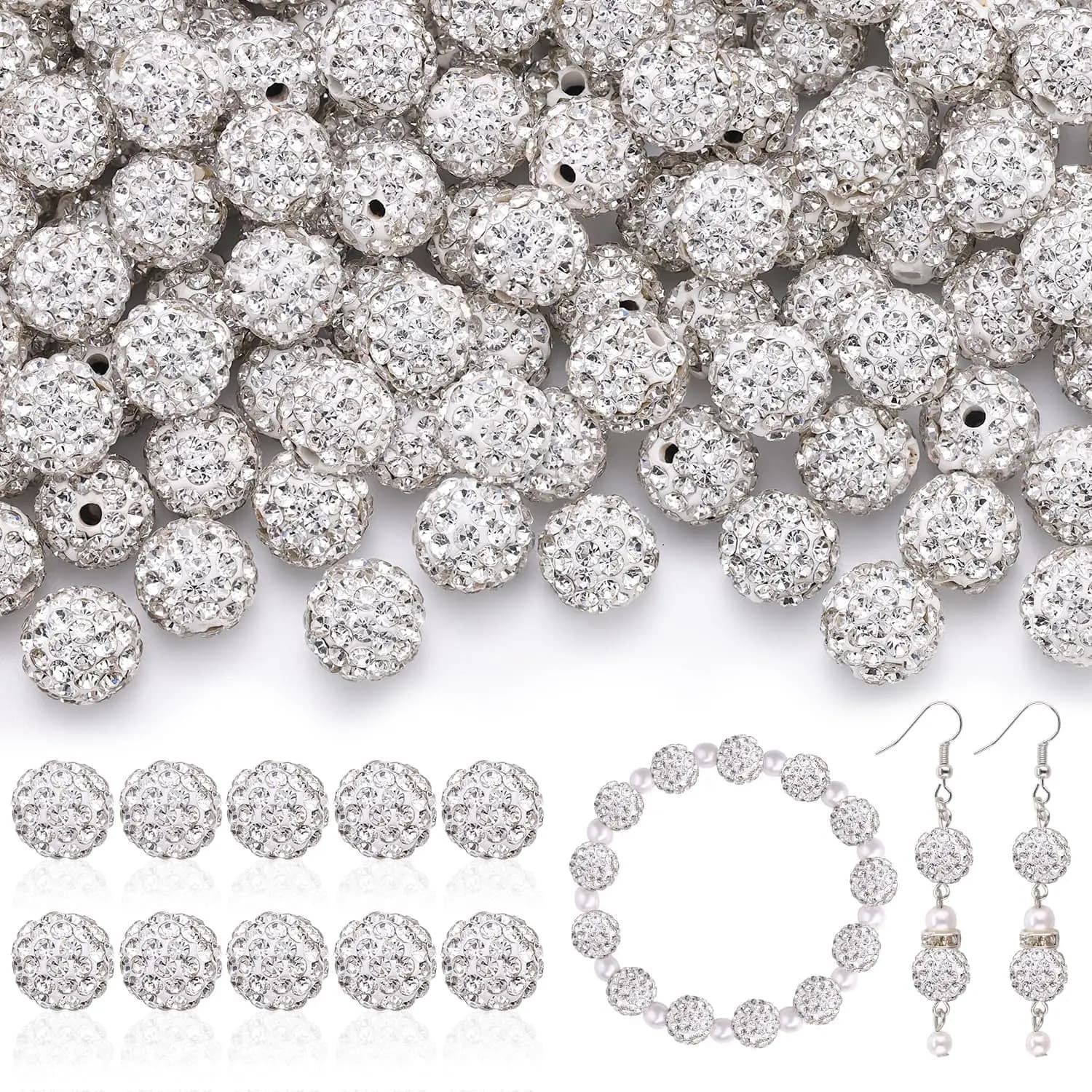 100 pezzi di perline a forma di sfera da 10 mm, bianche, per la creazione di collane, bracciali, orecchini e decorazioni fai da te.
