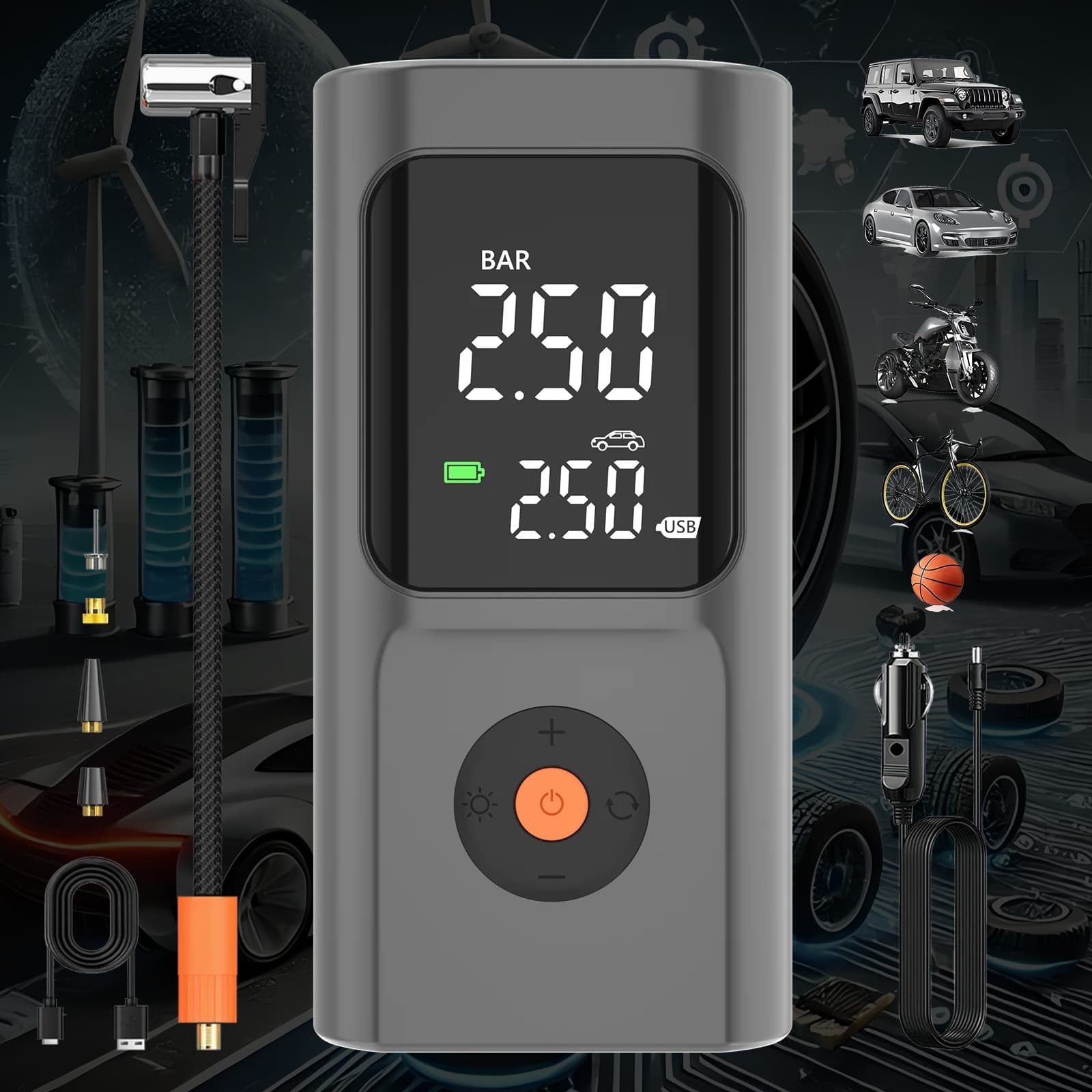 Compressore d'Aria Portatile 12V per Pneumatici Auto con Manometro Digitale, Luce LED e Spegnimento Automatico