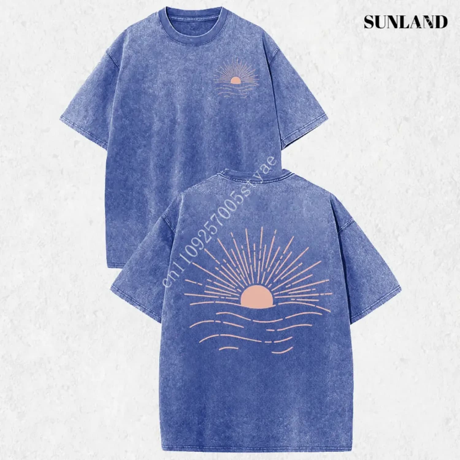 Sunland Vintage Minimalist Sunset Ocean Double Sided Line Print Washed T Shirt Retro Coastal Sunrise Graphic Tee Casual Loose Sh