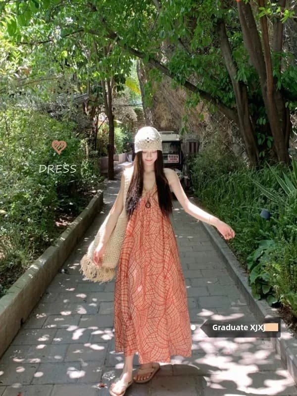 Summer 2026 Women's Vintage Loose A-Line Dress Gingham Print Halter Neck Sleeveless Casual Comfortable Korean Style Long Dress