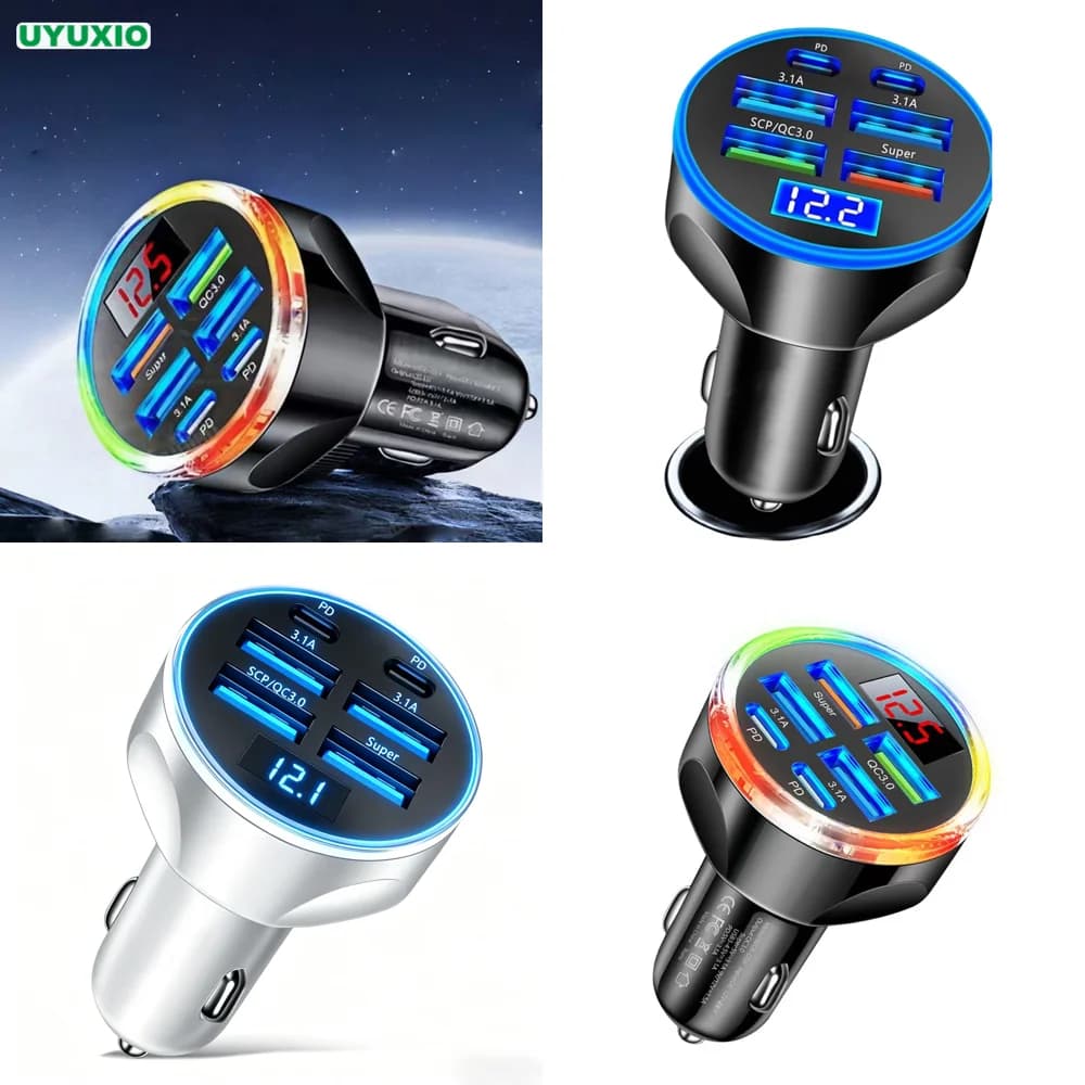 Caricabatterie da Auto USB C 6 in 1 Super Veloce con Voltmetro Multiporta e Display di Tensione per iPhone Samsung Nuovo 2026