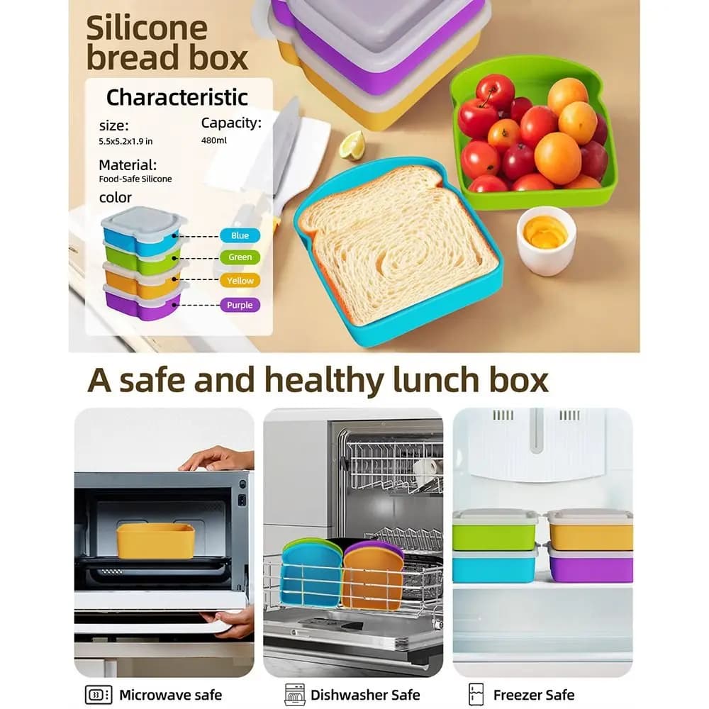 Contenitore per sandwich in silicone con coperchio, a forma di toast, riutilizzabile, facile da pulire, impilabile, portatile, per picnic
