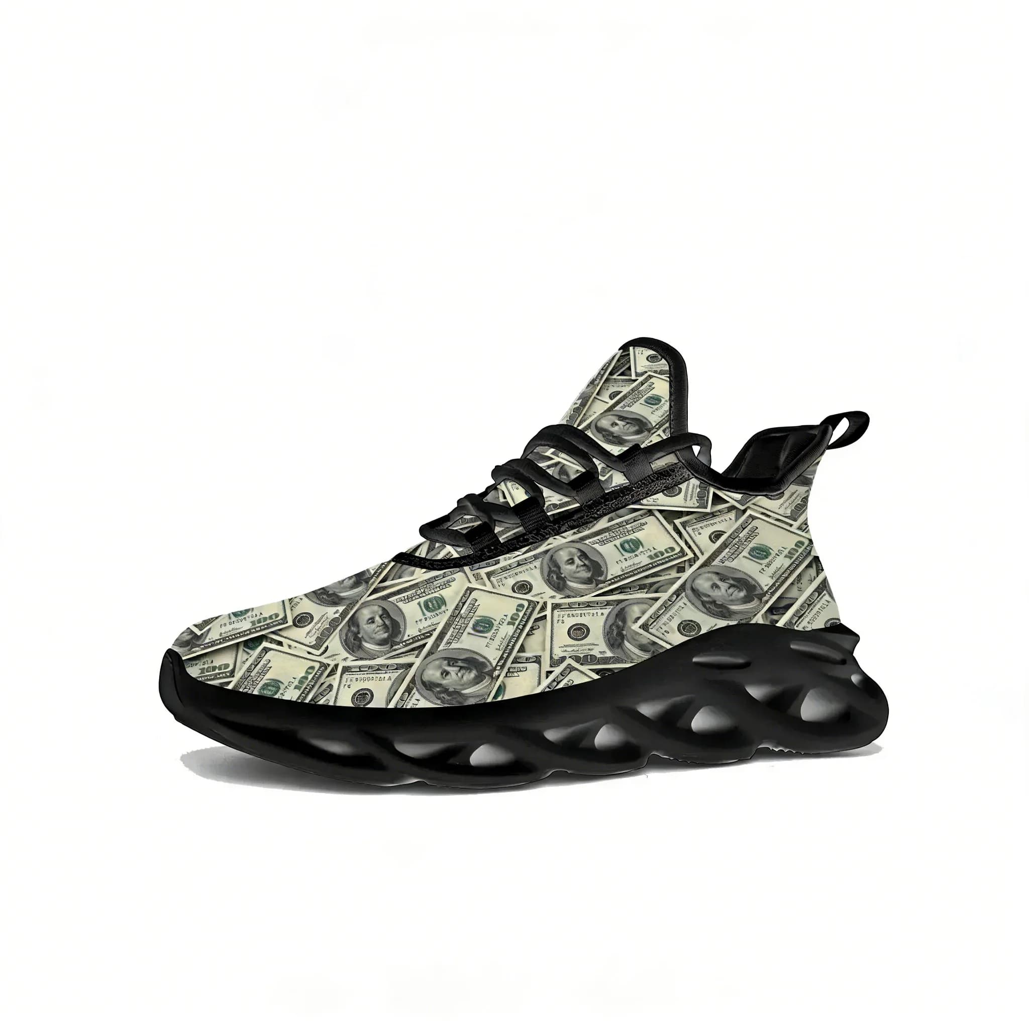 Sneakers low printed with men's and women's dollars, racing sports shoes with mesh laces, shoes tailored black