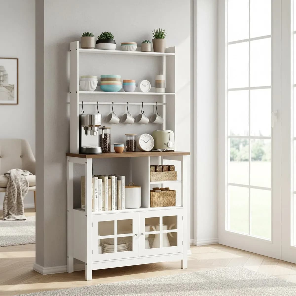Kitchen Storage Rack 3 Tier Microwave Stand with Shelves and Hooks Wood & Metal Home Organizer