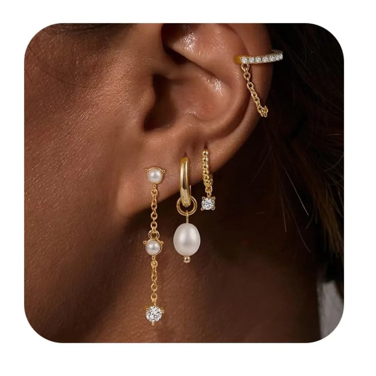 Jewelry Pearl Water Drop Circle Zircon Chain Geometric Earrings Four-piece Fashion Earrings Jewelry