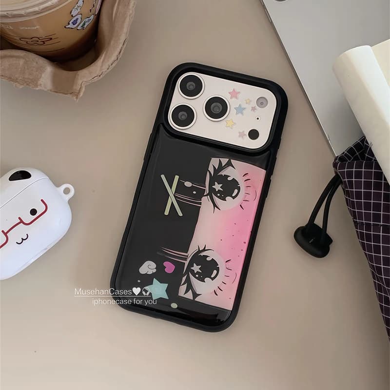 Cover posteriore per iPhone 17 Air 16 Pro Max 15 14 Plus 13 12 11 con design anime coreano e clip per capelli a forma di stella, con bordo in colla a goccia