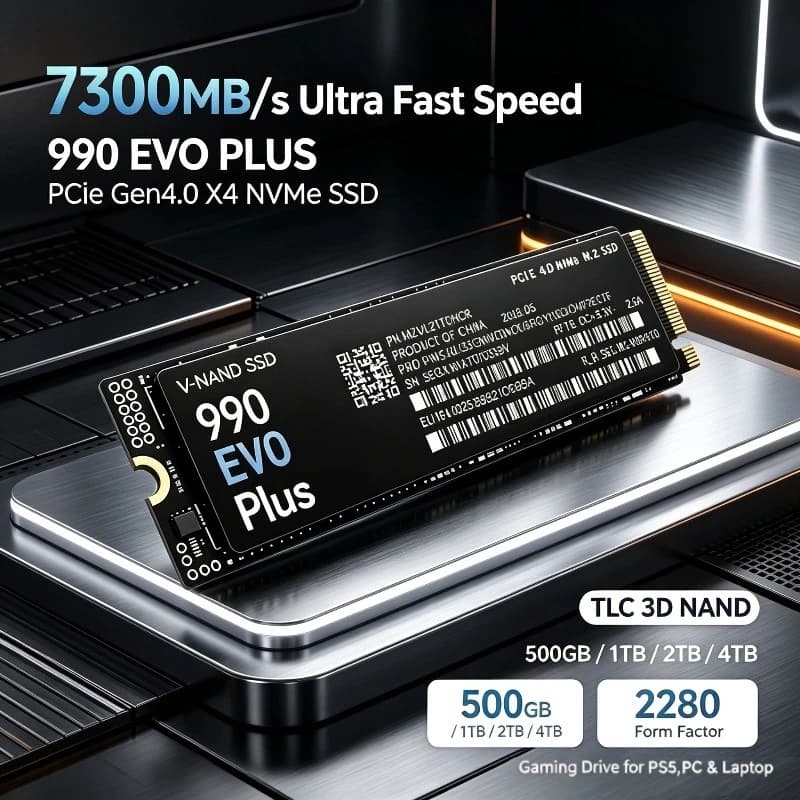 New 990 EVO Plus PCIe 4.0 NVMe M.2 2280 SSD 500GB/1TB/2TB/4TB, 3D NAND TLC Up to 7300MB/s Gaming SSD for PS5 Laptop Desktop PC