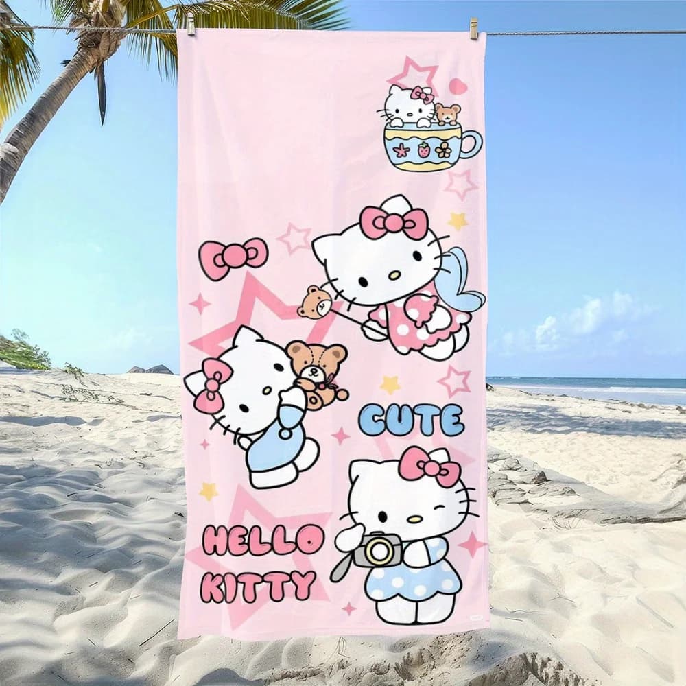 Asciugamano da spiaggia Sanrio Hello Kitty, 1 pezzo, in poliestere, leggero, ad asciugatura rapida, morbido, per nuoto e viaggi, motivo orsetto con fiocco, unisex