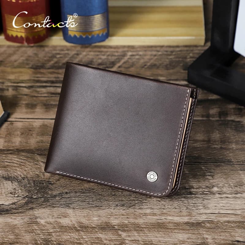 CONTACT'S Genuine Leather Mini Wallets for Men RFID Card Holder Money Clip Slim Male Wallet Name Engrave Purse Men's Wallet Bags