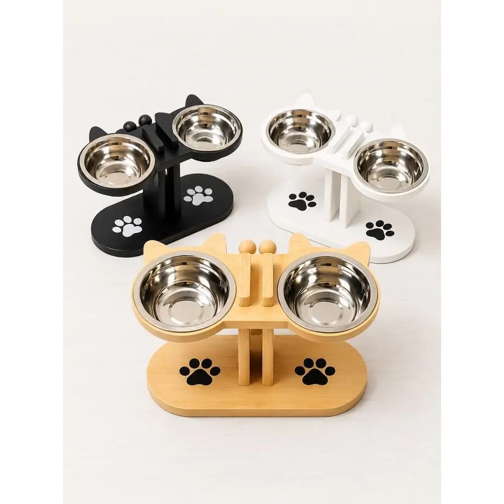 Tilted Elevated Cat Bowl, Adjustable Cat Food Bowl With 2 Stainless Steel Bowls, Suitable For Cats, Puppies And Small Pets, Rai