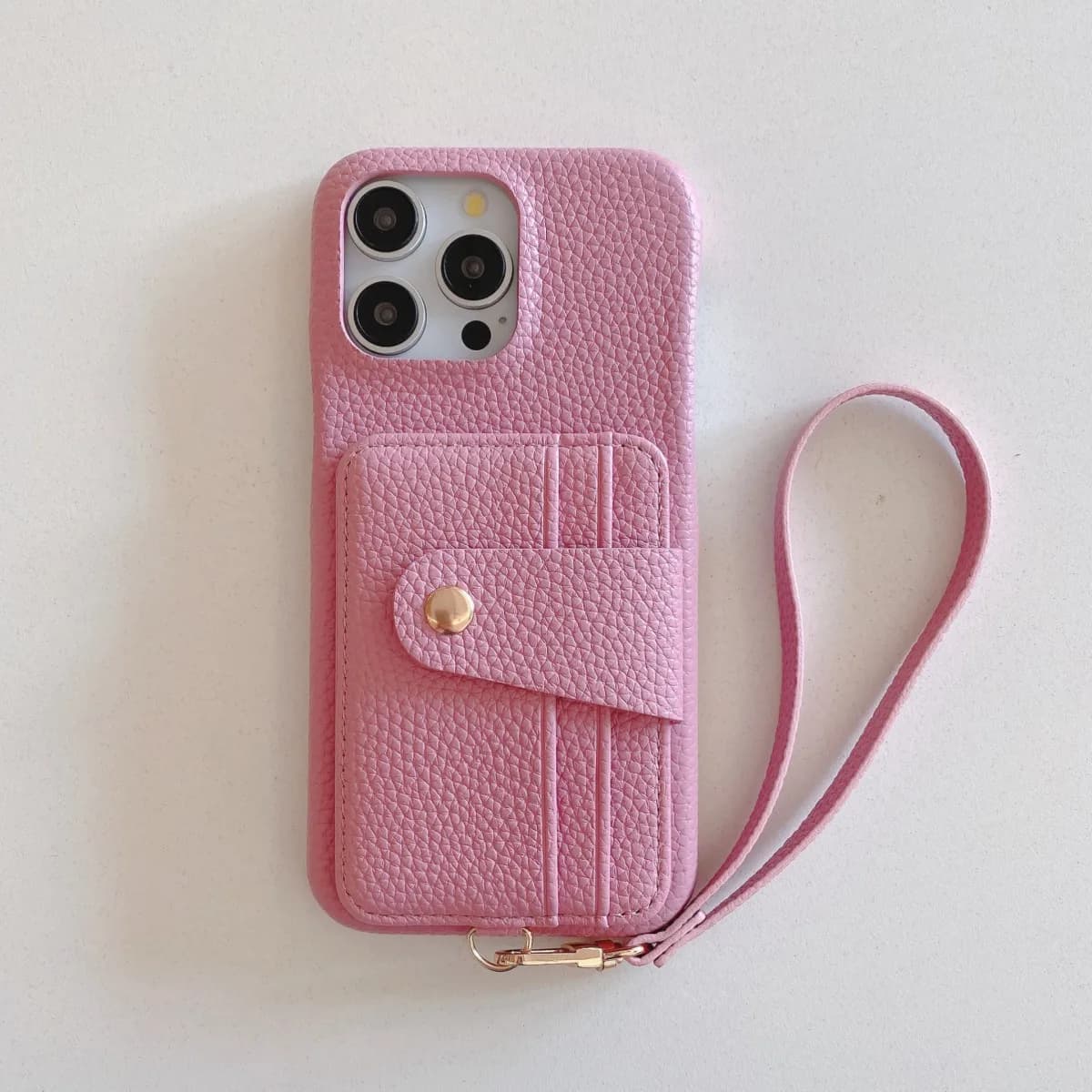 Leather Pink Phone Case PU Litchi Model for iPhone 11 12 13 14 15 16e Pro Max with elegant multi-string card holder