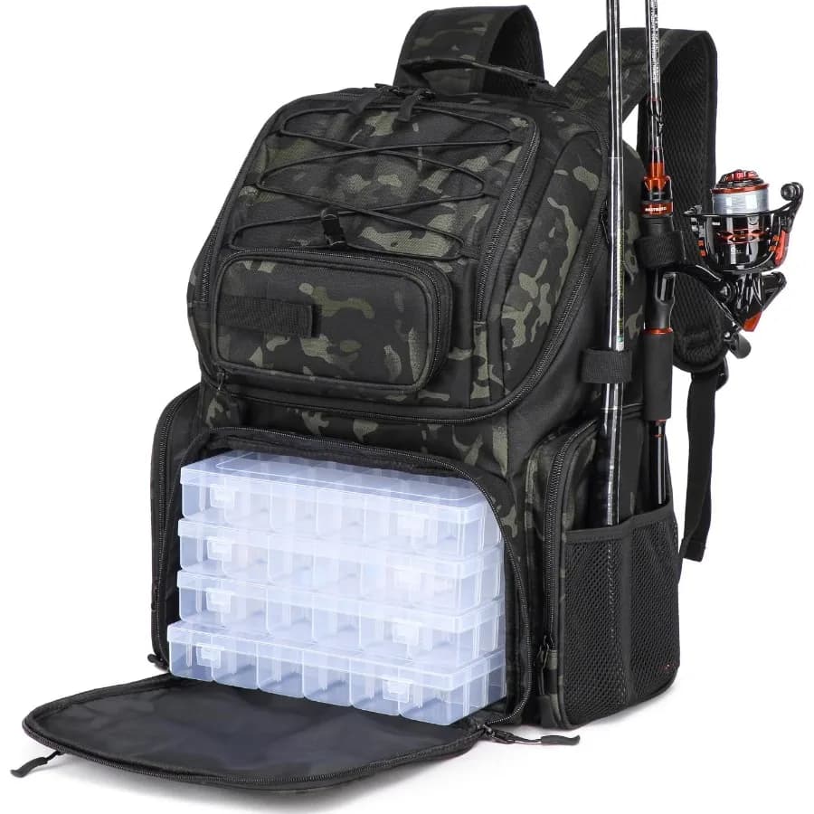 HAMBOLY Fishing Backpack with Bags for Equipment 50 Liter Fishing Equipment Bag with Fishing Rod Holder Bag for Men Waterproof Equipment Ideal f