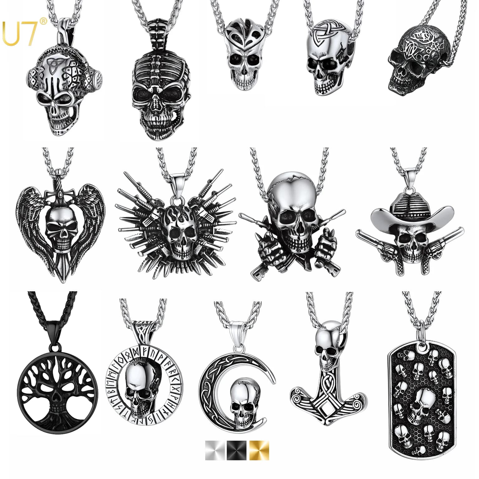 U7 Skulls Necklaces for Man Woman 316L Stainless Steel Multiple Designs Skeleton Skull Series Gothic Punk Jewelry Clearance Sale