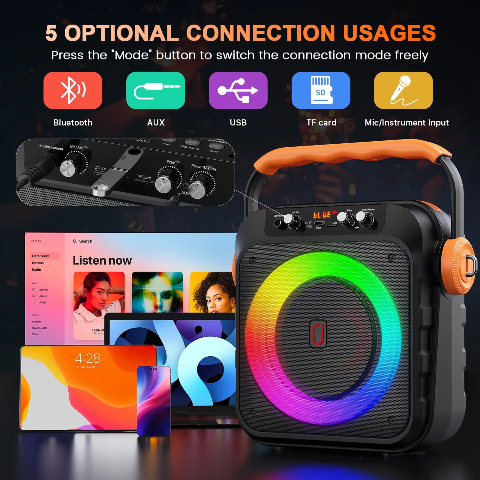 Macchina per karaoke con 2 microfoni: altoparlante Bluetooth portatile con subwoofer da 6,8", macchina per karaoke per adulti e bambini con sistema PA