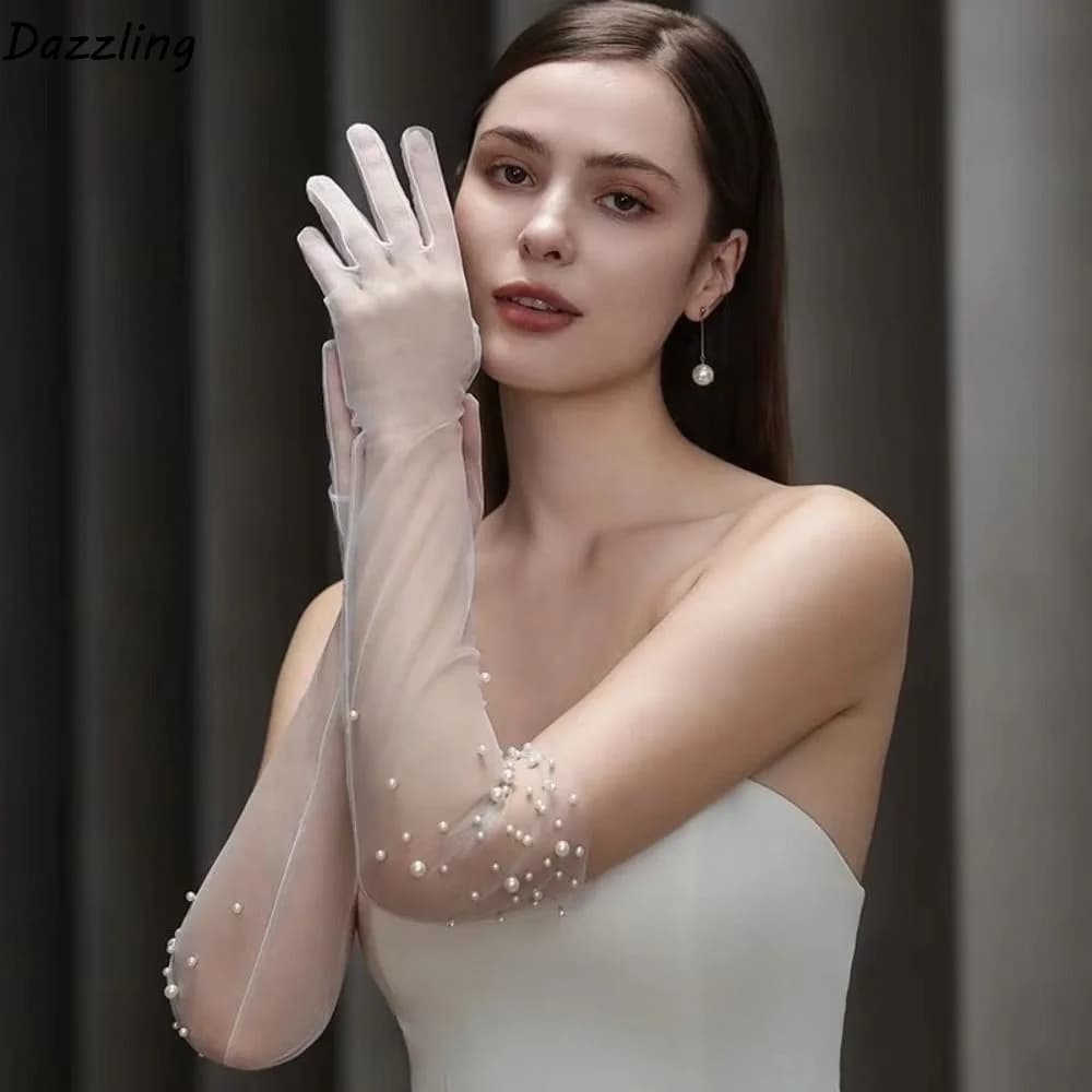 Guanti da Sposa di Lusso Fatti a Mano con Perline, Trasparenti, Lunghezza Gomito, Guanti da Matrimonio Sottili in Pizzo Elegante, Guanti in Tulle per Opera
