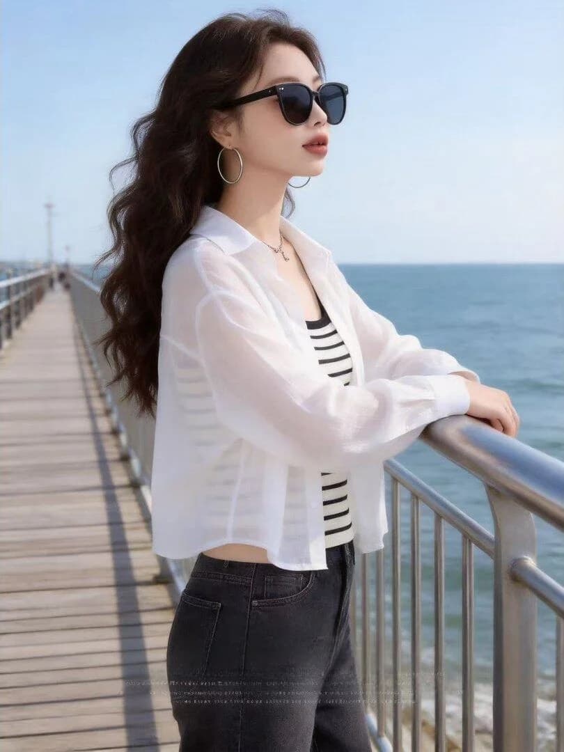 Ultra-Thin White Silk Women's Summer Casual Fashion Sunscreen Shirt Short Length Open Cardigan Style Long Sleeve Business Off...