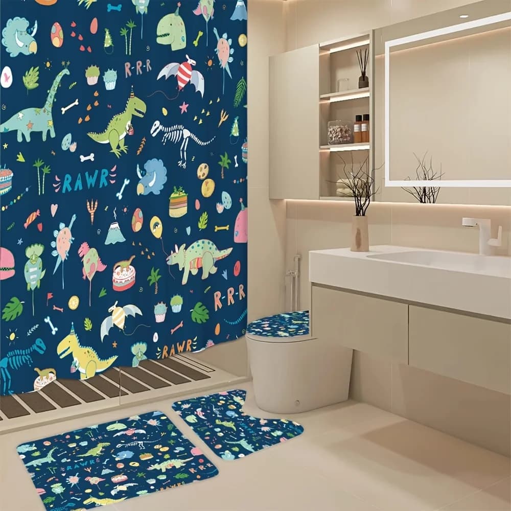 Set da bagno da 4 pezzi con simpatico dinosauro: tenda da doccia, tappetino da bagno, copriwater, copri serbatoio: arredamento divertente e colorato per bambini