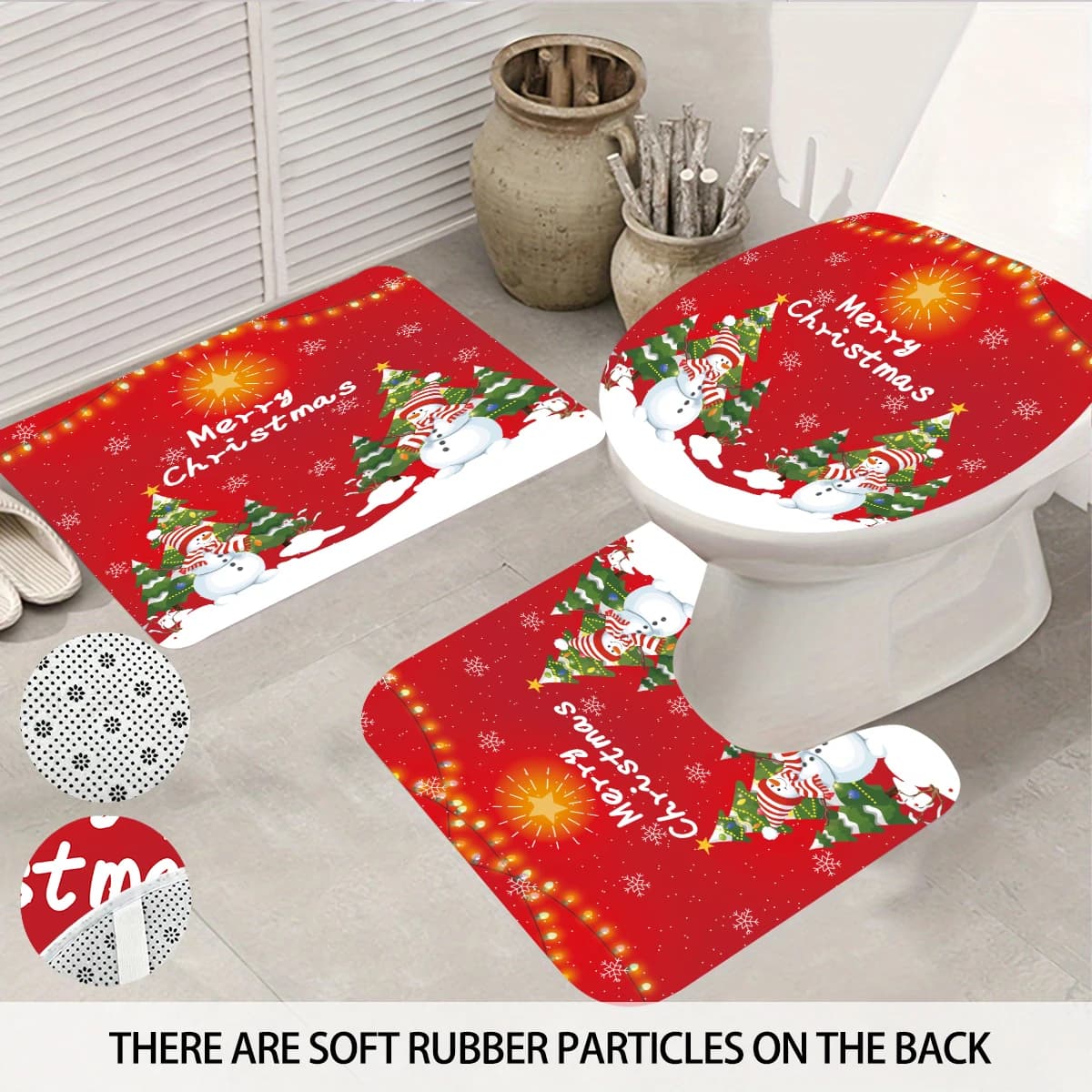 4 pezzi Buon Natale Rosso Natale Pupazzo di neve Set da bagno 180x180 Tenda da doccia 12 cuscinetti per WC con gancio Cuscinetti a forma di U Cuscinetti per pavimenti