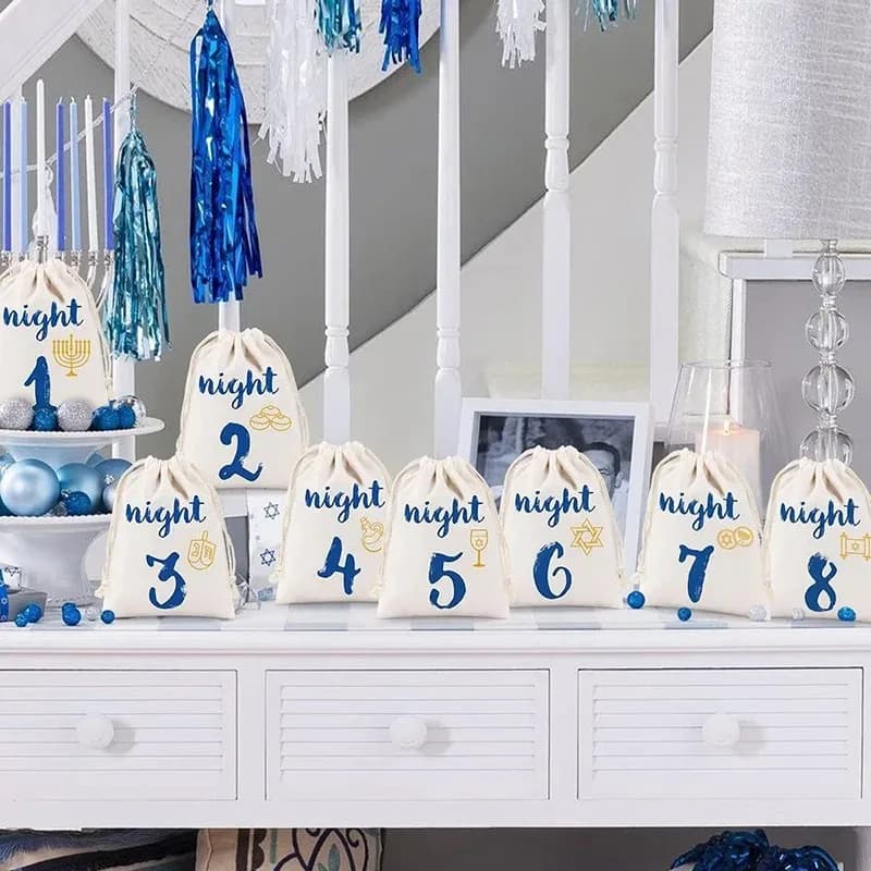8 notti di Hanukkah Borsa con coulisse Happy Chanukah Conto alla rovescia Calendario Buste Decorazione per feste ebraiche Festival delle luci