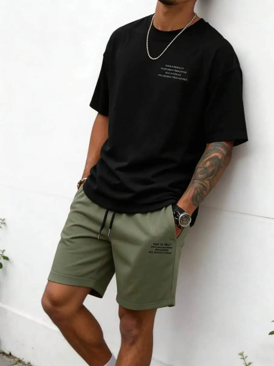 Sorvial Men's Summer Casual Letter Print T-Shirt And Shorts Set Casual Two Pieces Set Men