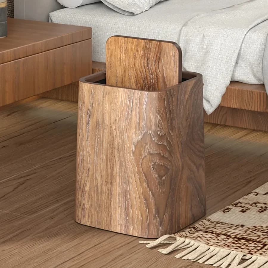 Large Size PP Plastic Wooden Texture Trash Can Waste Bin Square Shape for Bedroom Bathroom Household Cleaning Durable Lidded