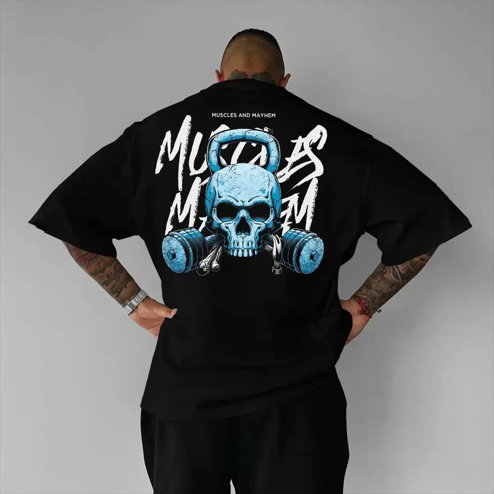 Men's cotton t-shirt with skull print, kettlebell and handlebars, Streetwear, Gym, Fitness, Muscles, Black