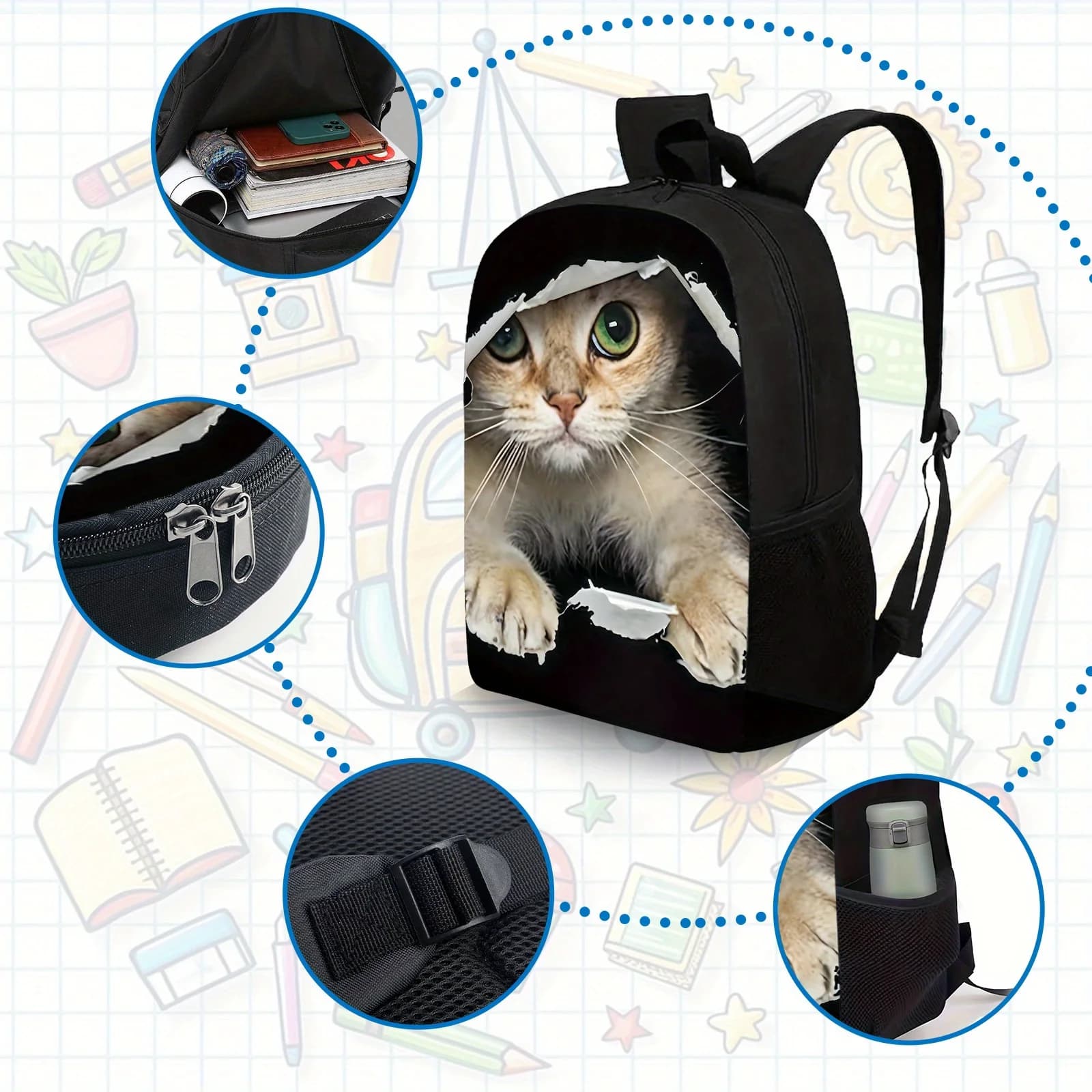 Set of cat backpacks with golden shades, resistant and light, of great capacity, multipurpose, very suitable for school, everyday use or as a gift
