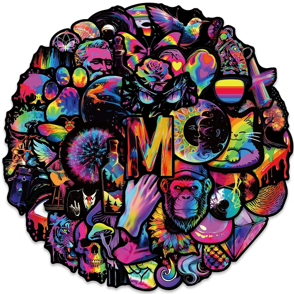 50 pezzi decalcomanie per Laptop in vinile divertente cartone animato arcobaleno Hippie adesivi Trippy per bagagli chitarra telefono bici auto Graffiti impermeabili