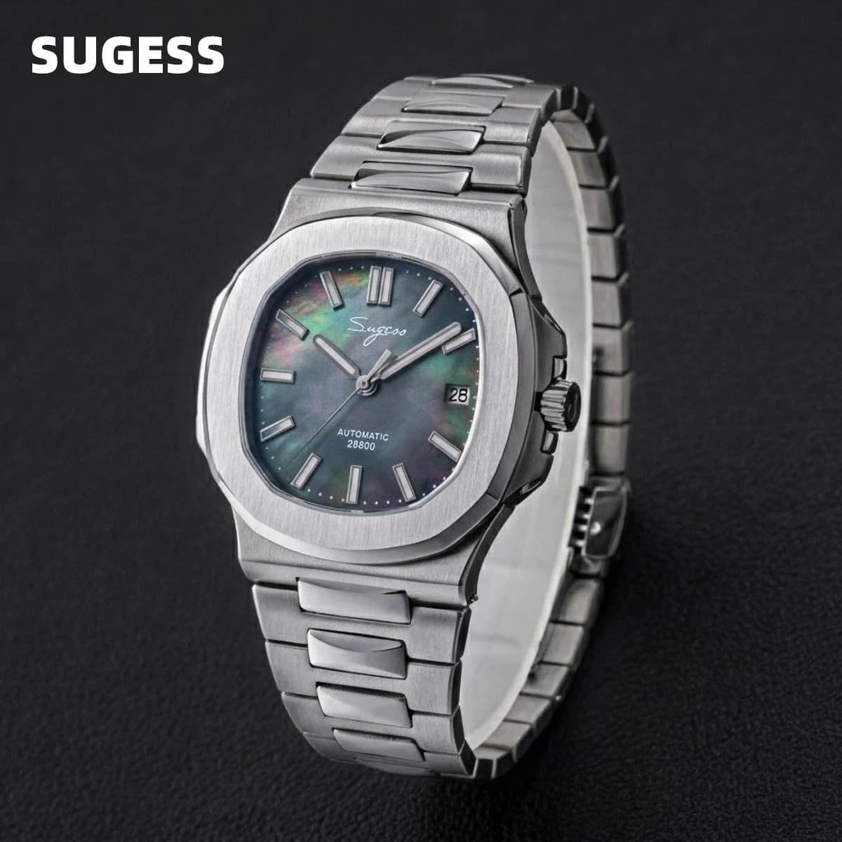 Sugess Orologio da uomo Orologi da polso meccanici automatici Miyota 9015 Movimento MOP Quadrante Luminoso Impermeabile 5bar Bracciale di lusso S466