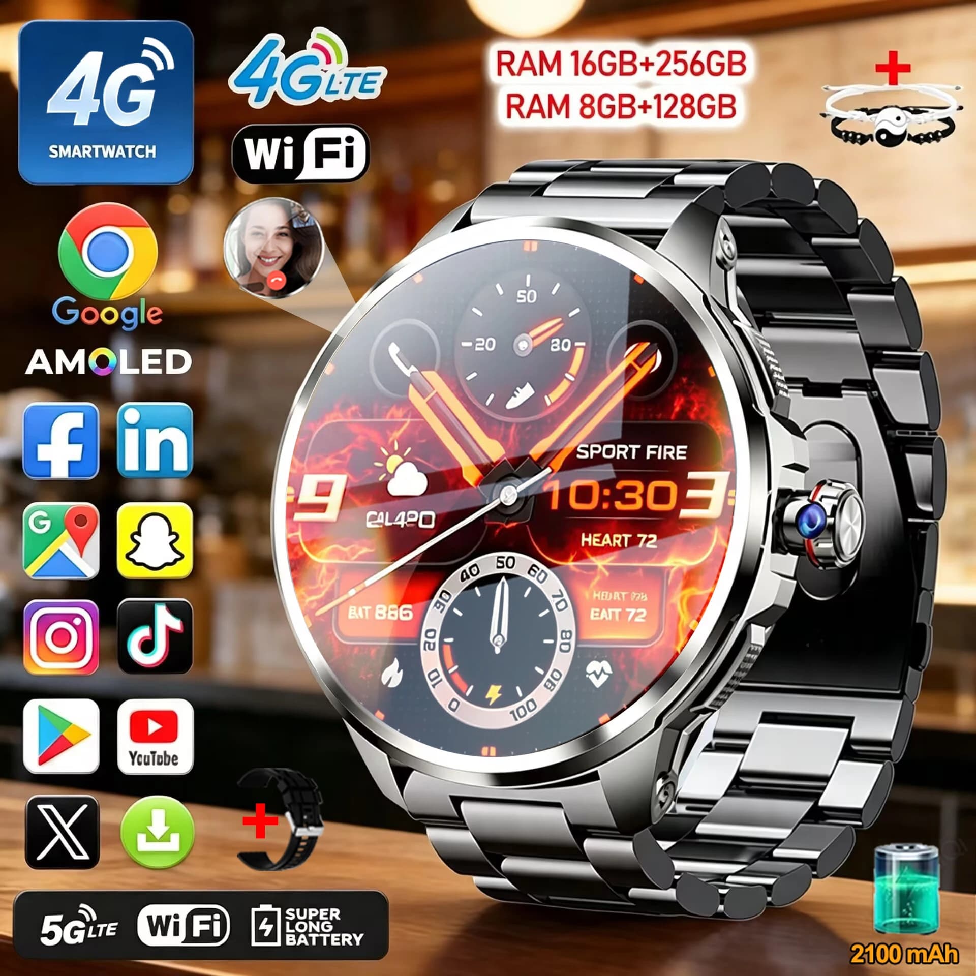 5G/4G Black Smart Watch Mens 1.95 inch 720*720 AMOLED 16GB+256GB RAM 2100mah Battery GPS WIFI Google APPS Smartwatch Android 9.0