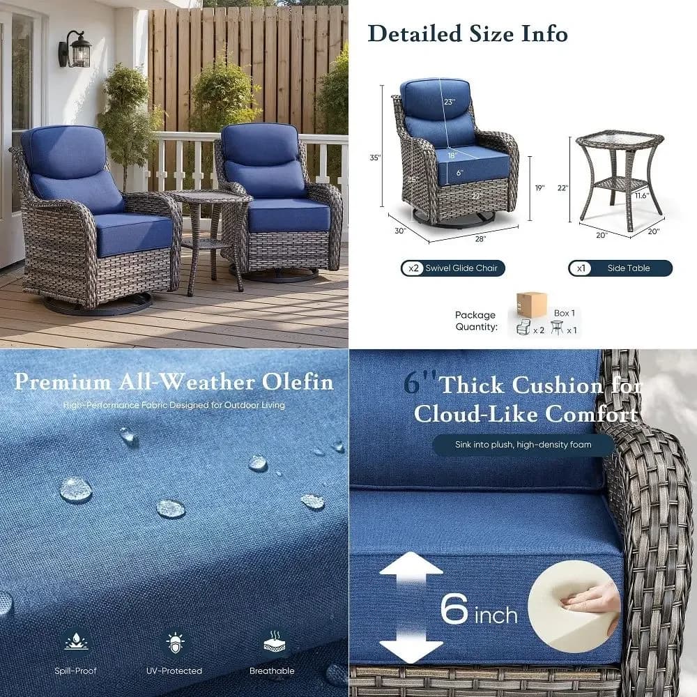Luxury 6 Thick Cushioned Outdoor Swivel Rocker Patio Chairs with Side Table, High Back Furniture Set with Ergonomic Zone Back,
