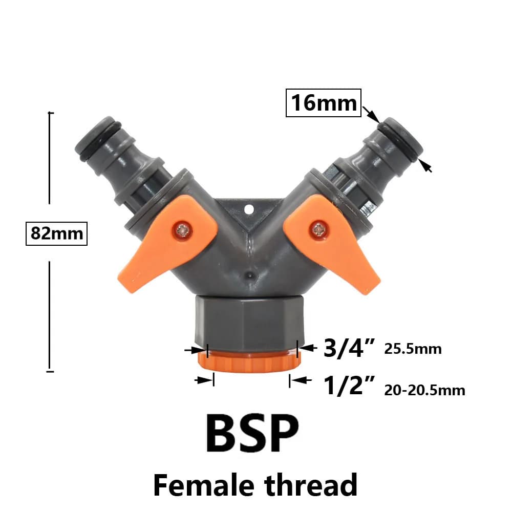 Y connector for 2-way garden faucet with 1/2 and 3/4 thread, 16 mm fitting, garden hose splitter, 1/4 inch hose adapter