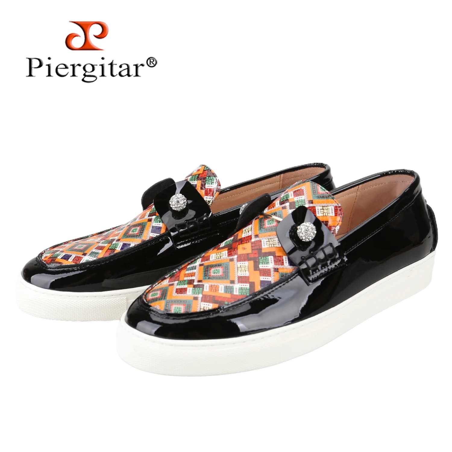 Piergitar Black Patent Leather Patchwork Custom Totem Leather Men's Casual Board Shoes Handmade Crystals Buckles Slip-On Seakers
