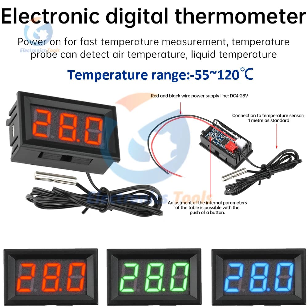 H27T -55~120 ℃ Termometro elettronico digitale DC 4.5-28V LED Misuratore di temperatura digitale impermeabile ad alta definizione con sonda