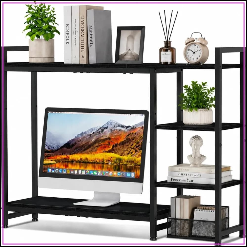 Adjustable Desk Shelf with Monitor Stand, 38.6" Desktop Organizer Hutch, Height Adjustable Computer Riser & 4-Tier Storage Bookshelf for Home Office Dorm, Black
