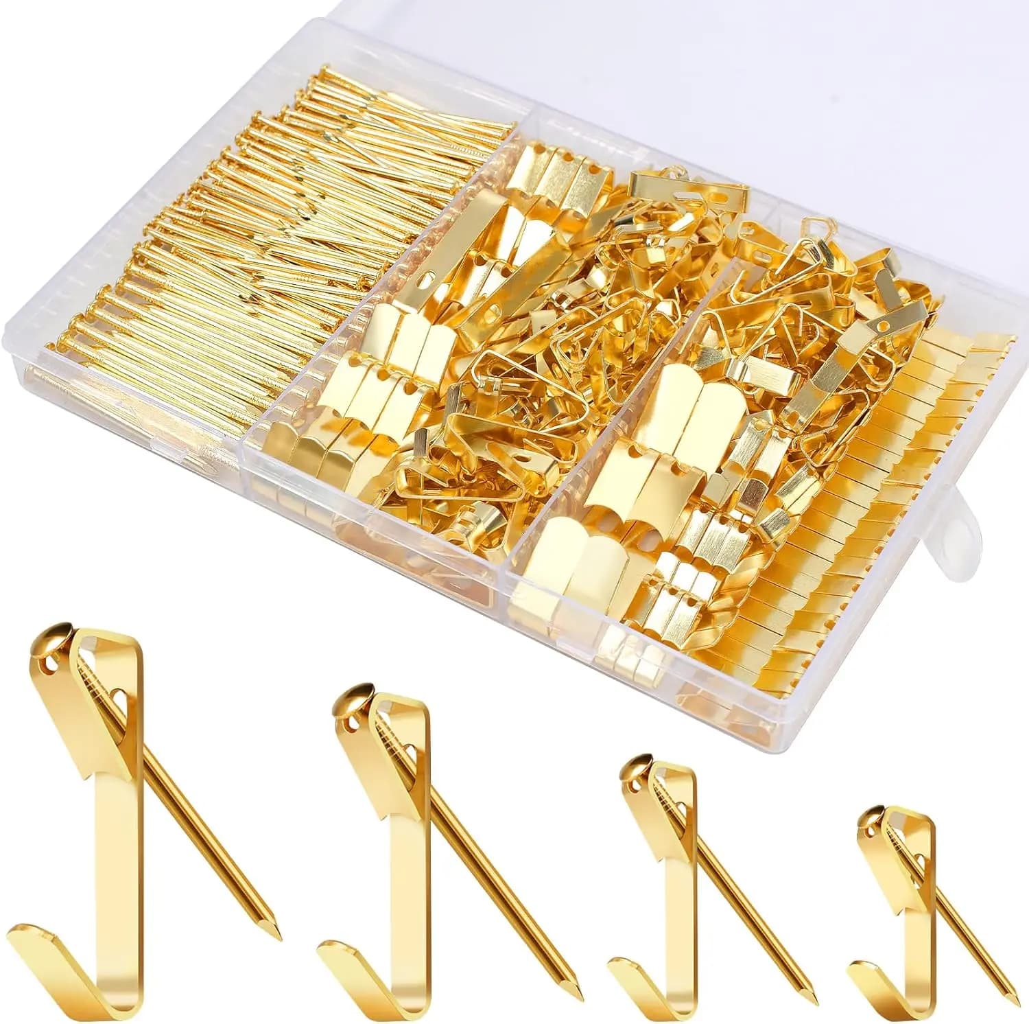 Kit per Appendere Quadri da 304 Pezzi con Ganci da 10-100 libbre, Chiodi per Cartongesso e Pareti in Legno, Colore Oro
