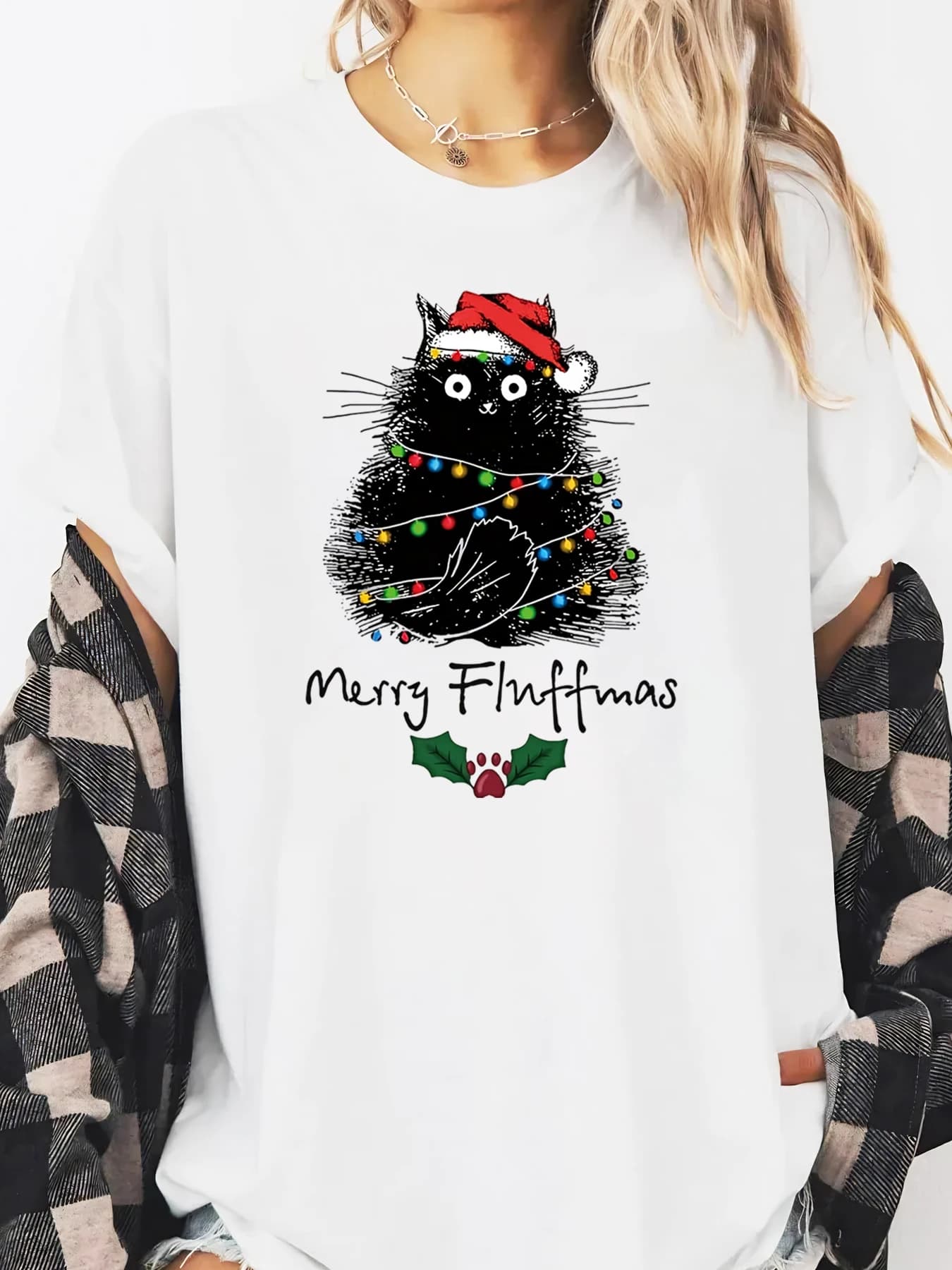 Gatto albero di Natale Merry Fluffmas stampa vacanza T-shirt donna casual abbigliamento da festa bianco taglie forti