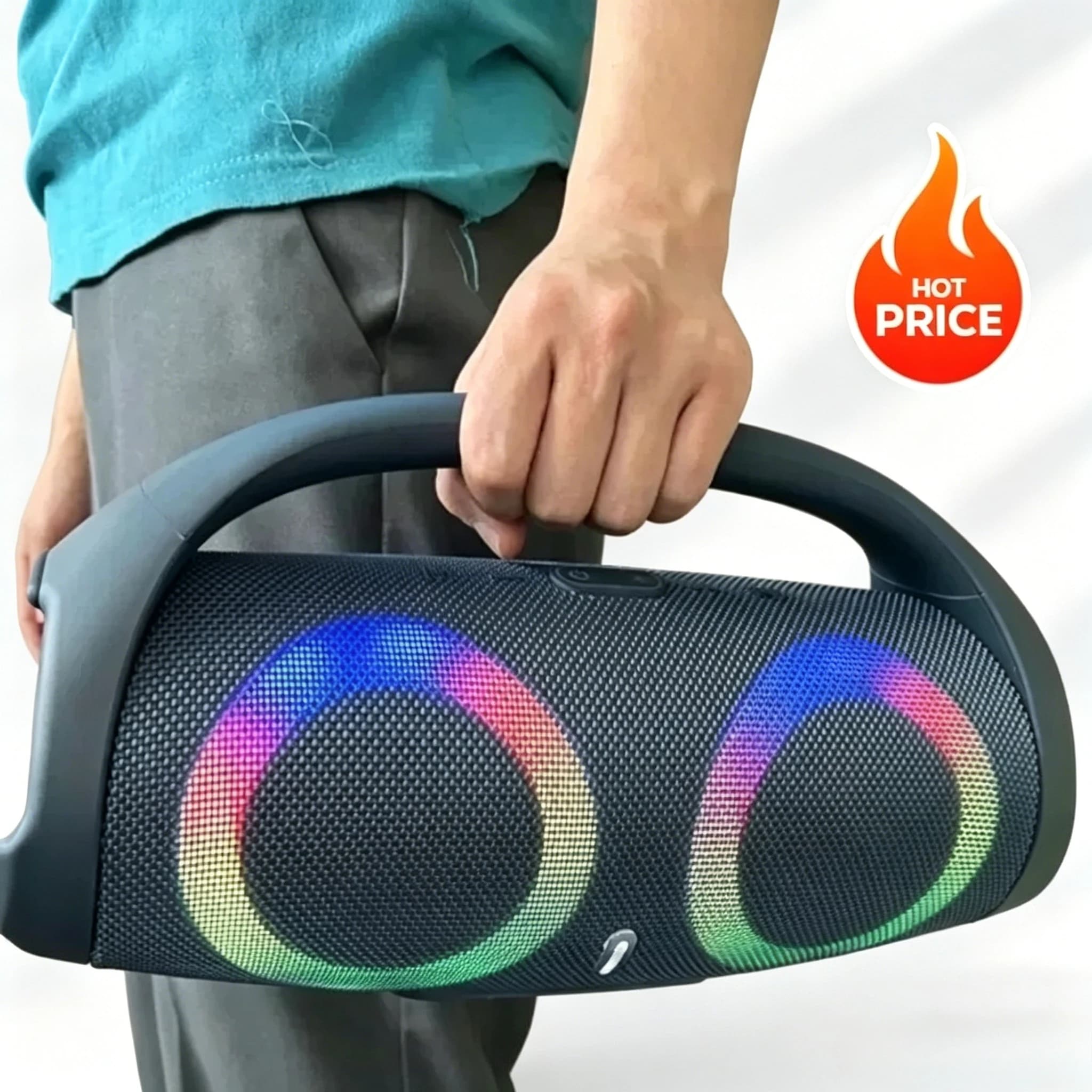 Altoparlante Bluetooth ad alta potenza da 100 W Luce colorata RGB portatile Subwoofer wireless impermeabile Stereo surround a 360° TWS FM Boombox