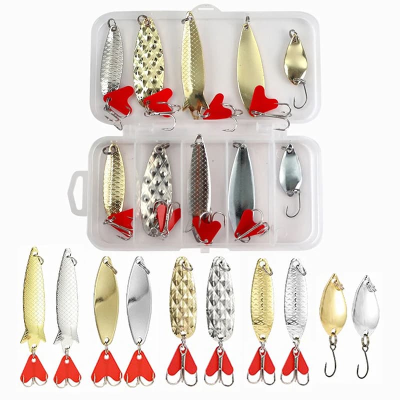10PCS/Set Gold And Sliver Metal Jig Spoon Spinner Fishing Lure Wobbler Bait Set With Fishing Tackle Box Kit For Fishing