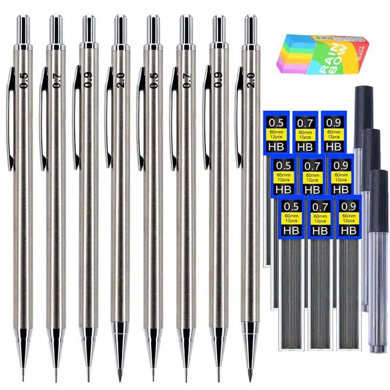 6pcs/set Creative 0.5 0.7 0.9 2.0mm Metal Mechanical Pencil Set with Lead Refill, for School Office Sketching Writing Stationery