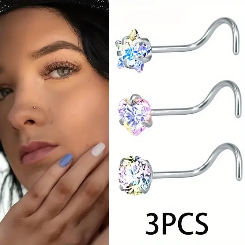 Set di 3 Piercing per Naso in Zircone Lucido, Anelli per Naso in Acciaio Inossidabile, Gioielli Raffinati per Uso Quotidiano Femminile