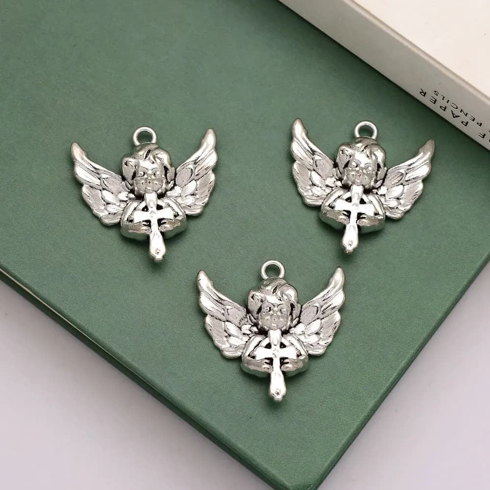5pcs/lot--32x32mm Antique Silver Plated Angel Wings Charms Cupid Cross Vintage Pendants For Jewelry Making Supplies Diy Necklace