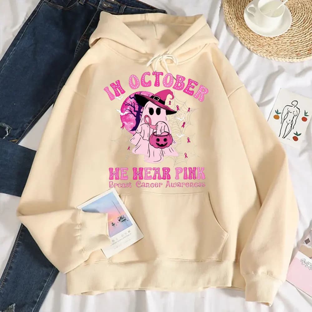 In ottobre Indossiamo Felpa con cappuccio fantasma rosa Halloween in ottobre Indossiamo un pullover rosa per la consapevolezza del cancro al seno Tuta con spalle scoperte