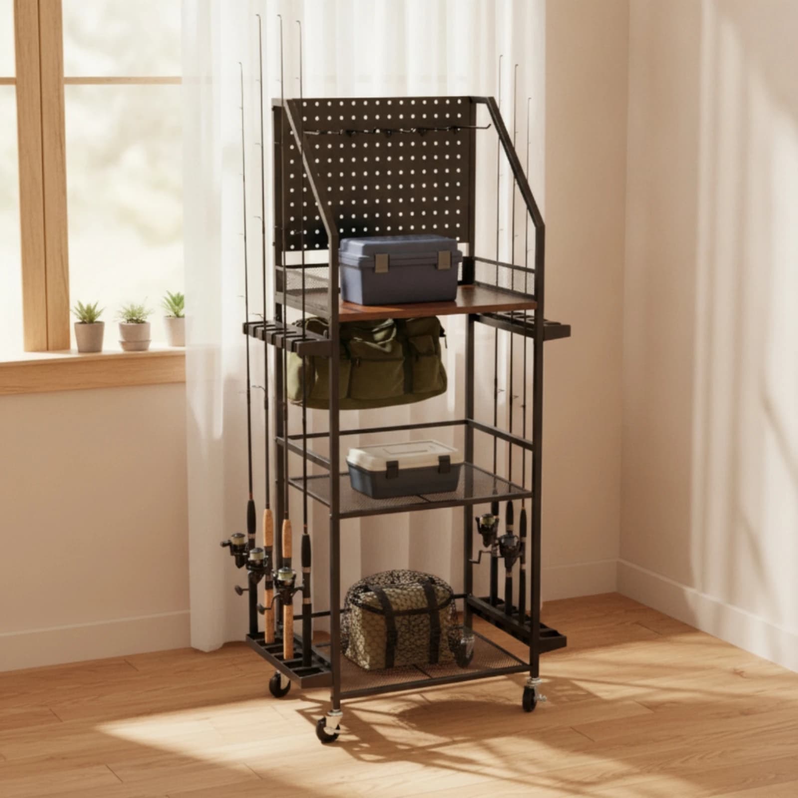 Fishing Rod Rack with Pegboard Rolling Fishing Rod Storage Cart Mobile Multifunction for Fishermen, Garage, Workshop