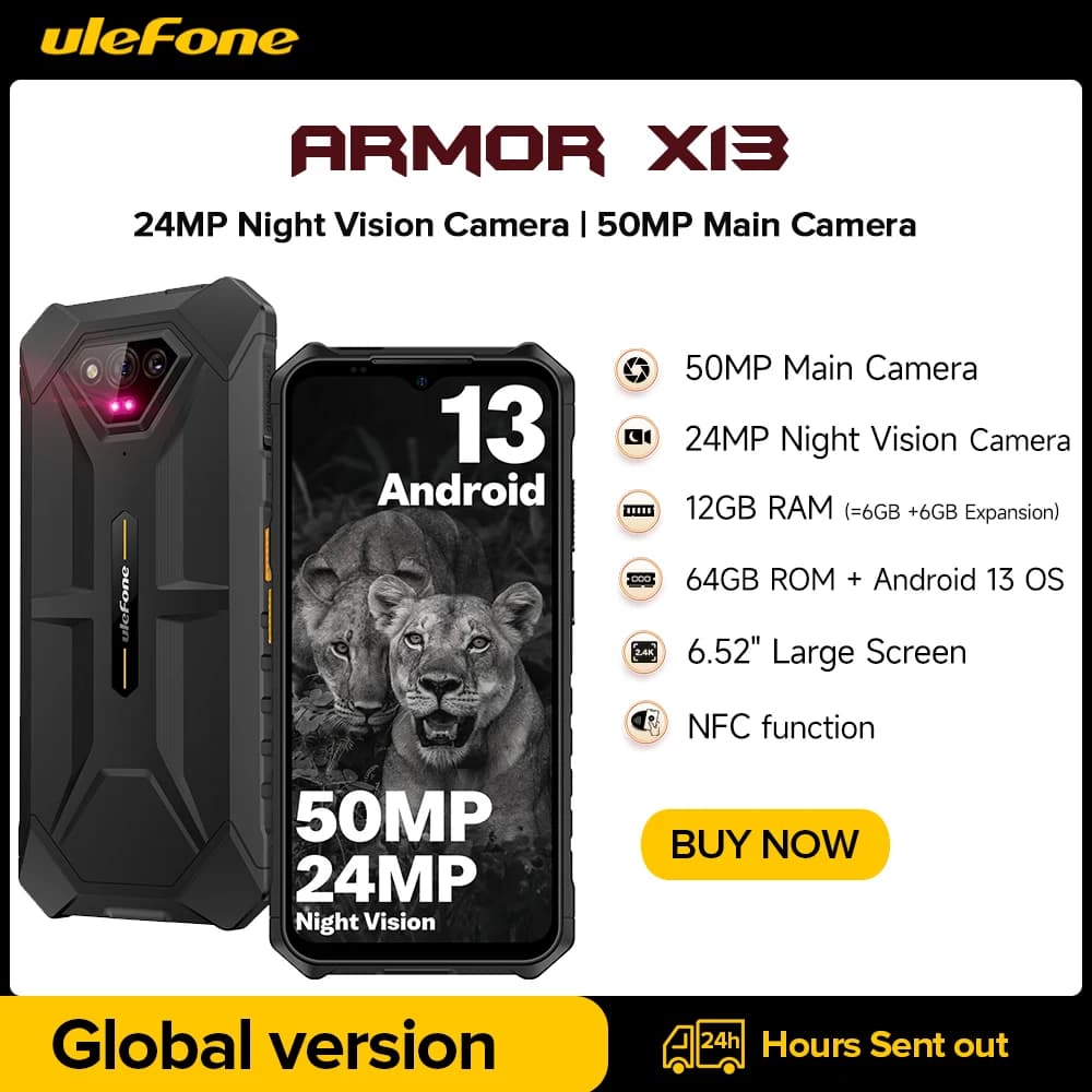 Ulefone Power Armor X13 Smartphone Robusto Impermeabile 12GB+64G Android 13, 6320mAh 50MP 6.52" NFC 4G, GPS Versione Globale