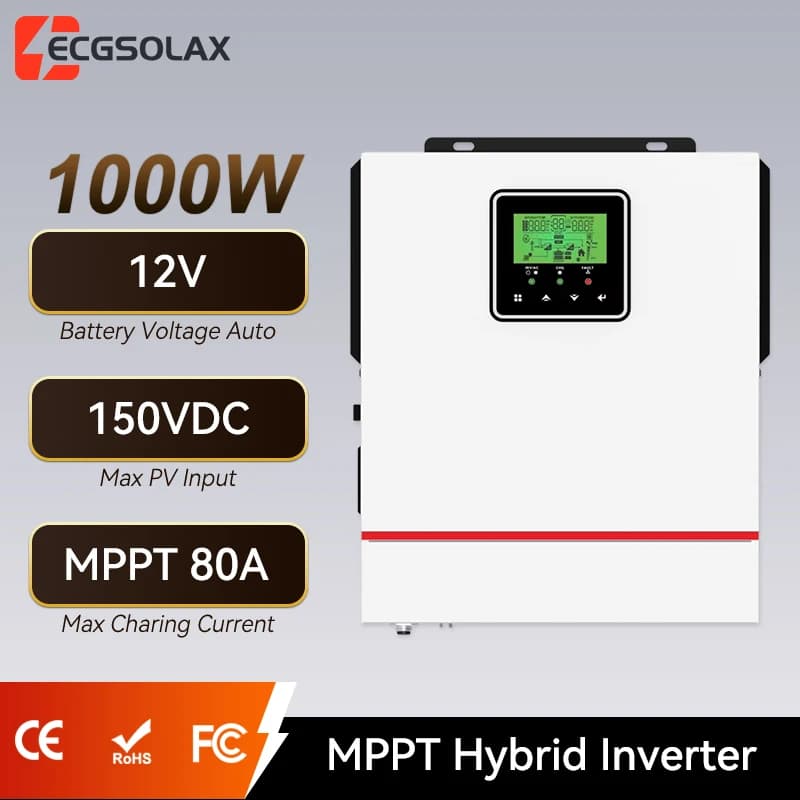 Inverter Solare Ibrido ECGSOLAX 1KW 12V 230Vac con Regolatore di Carica MPPT 80A, Inverter Solare Ibrido Off-grid 1000W Max PV 150V