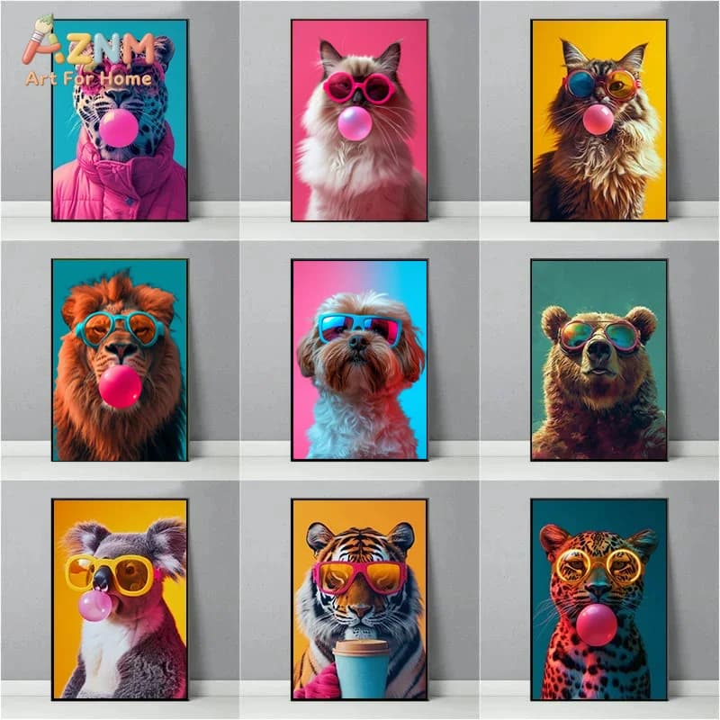 AZNM Colorful Pop Art Animal Canvas Print Leopard Cat Lion Dog Bear Koala Tiger Wearing Sunglasses Blowing Bubble Gum Trendy Kid