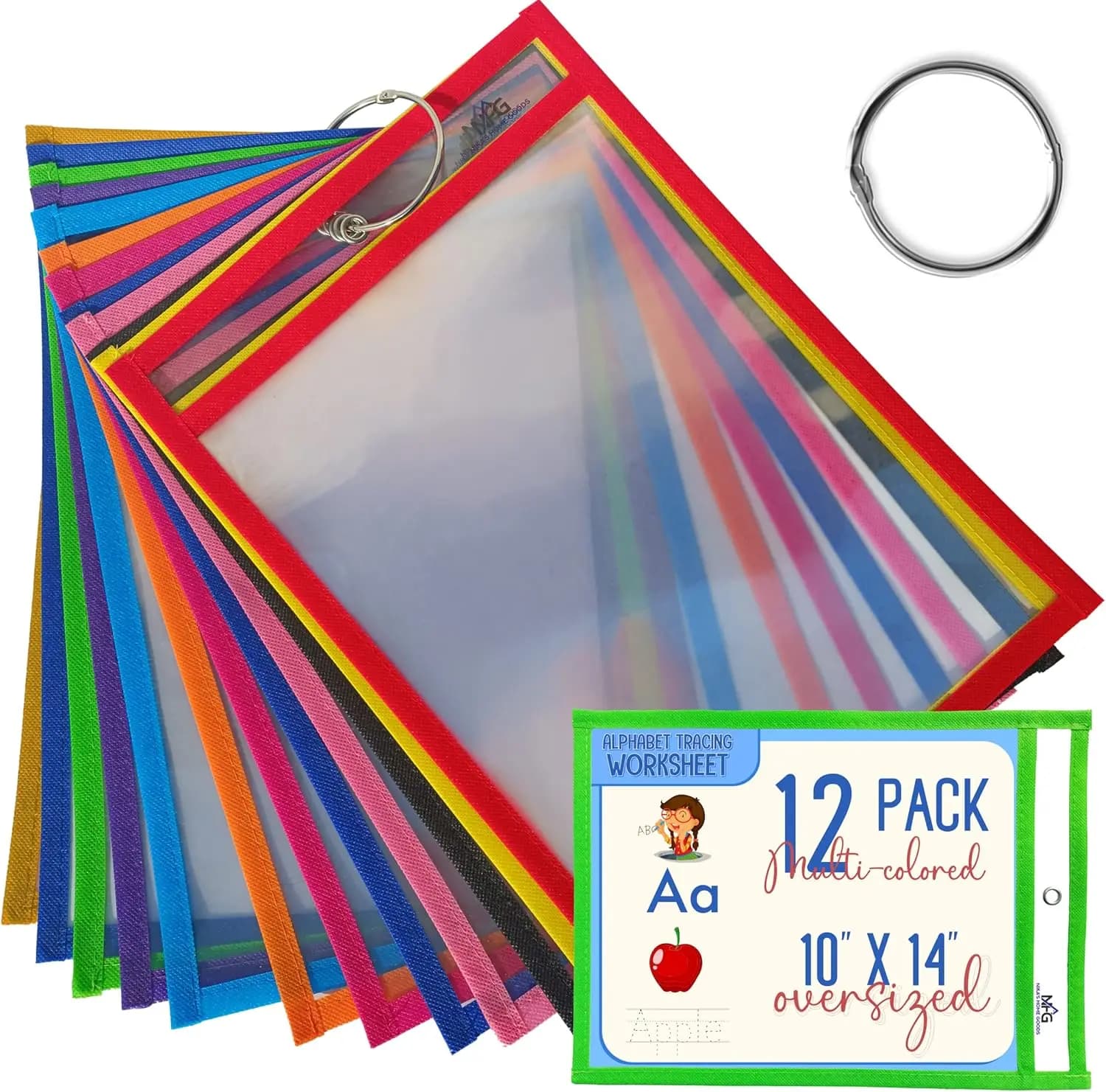 Confezione da 12 Tasche Cancellabili a Secco Extra Grandi con Anelli per Raccoglitori - Protezioni per Fogli Riutilizzabili 10x14 per Forniture Scolastiche e per Insegnanti